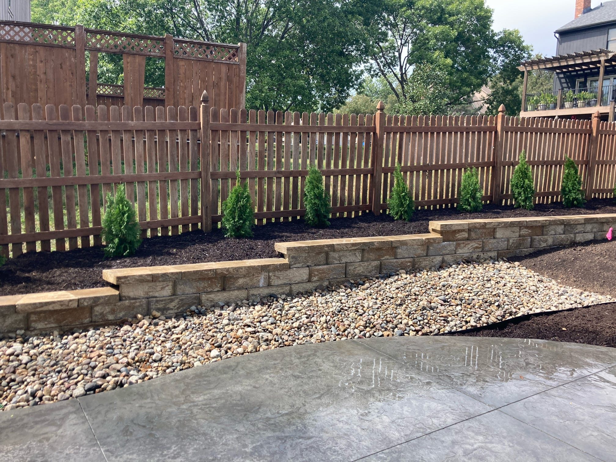 A fenced backyard with small trees, stone wall, and a pebble path under clear skies, providing a calm and organized garden space.