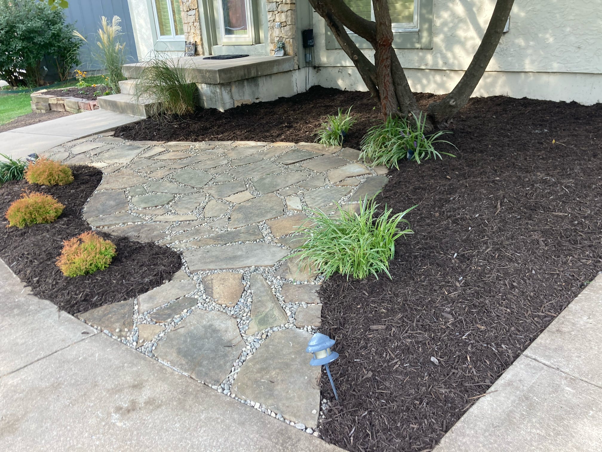 Stone path with mulch borders, small bushes, and grass lead to a house entrance. A young tree and pathway light are visible.