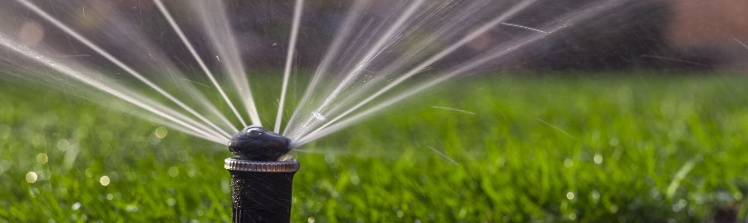 A lawn sprinkler spraying water in multiple streams over a green grass field. Close-up view captures the water droplets mid-air.