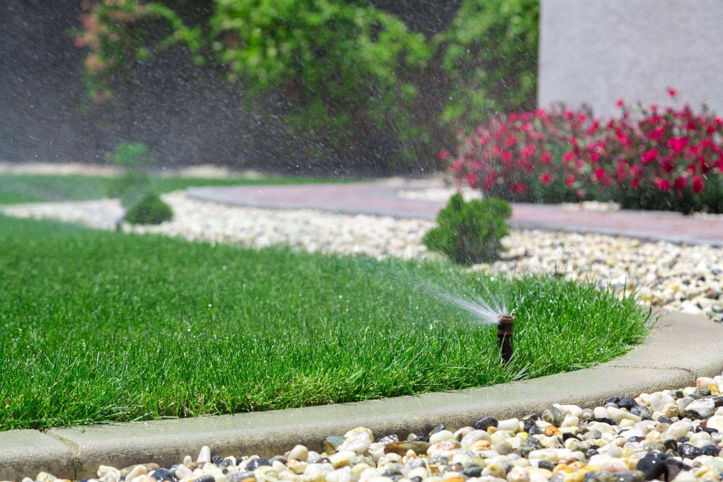 Sprinkler watering a lush green lawn, surrounded by vibrant flowers and decorative stones, in a well-maintained garden setting.