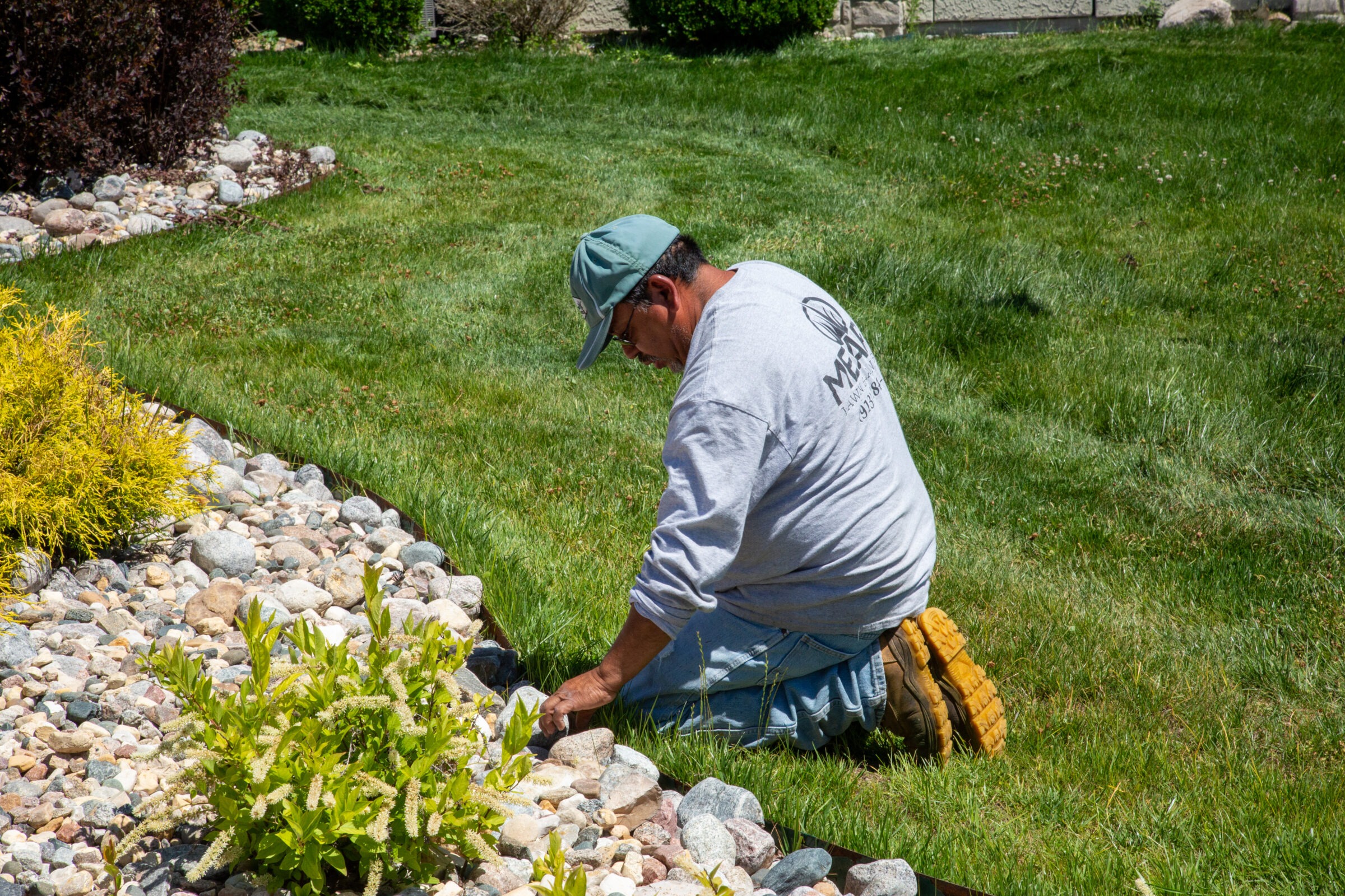 A person wearing a cap and gloves tends to a rock-bordered garden, surrounded by green grass and shrubs, under bright sunlight.