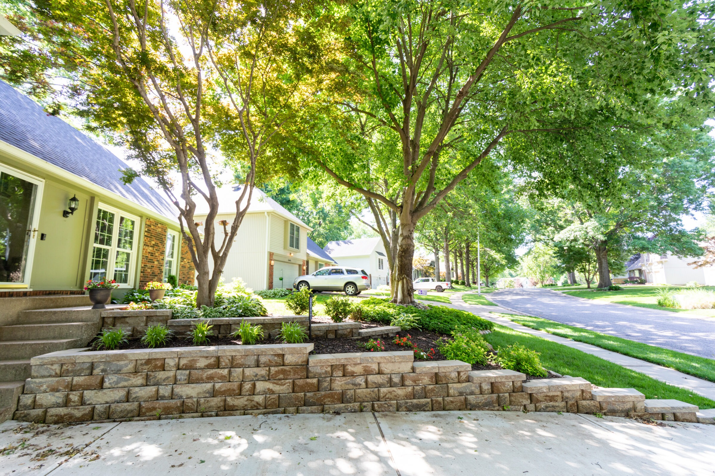 Tree-lined suburban street with well-kept lawns, houses, and parked cars on a sunny day. Garden beds with flowers and brick walls.