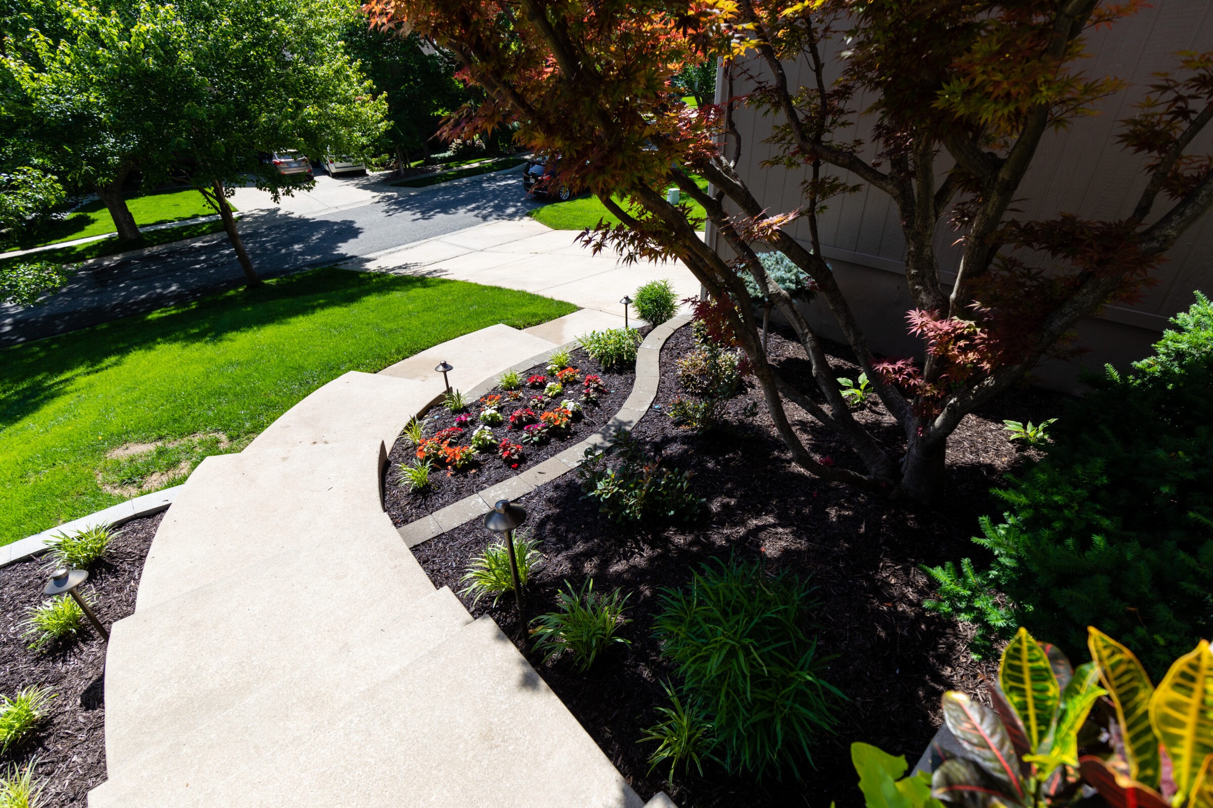A landscaped garden with a curving walkway, colorful flowers, and lush greenery under a bright sky. Residential street in the background.