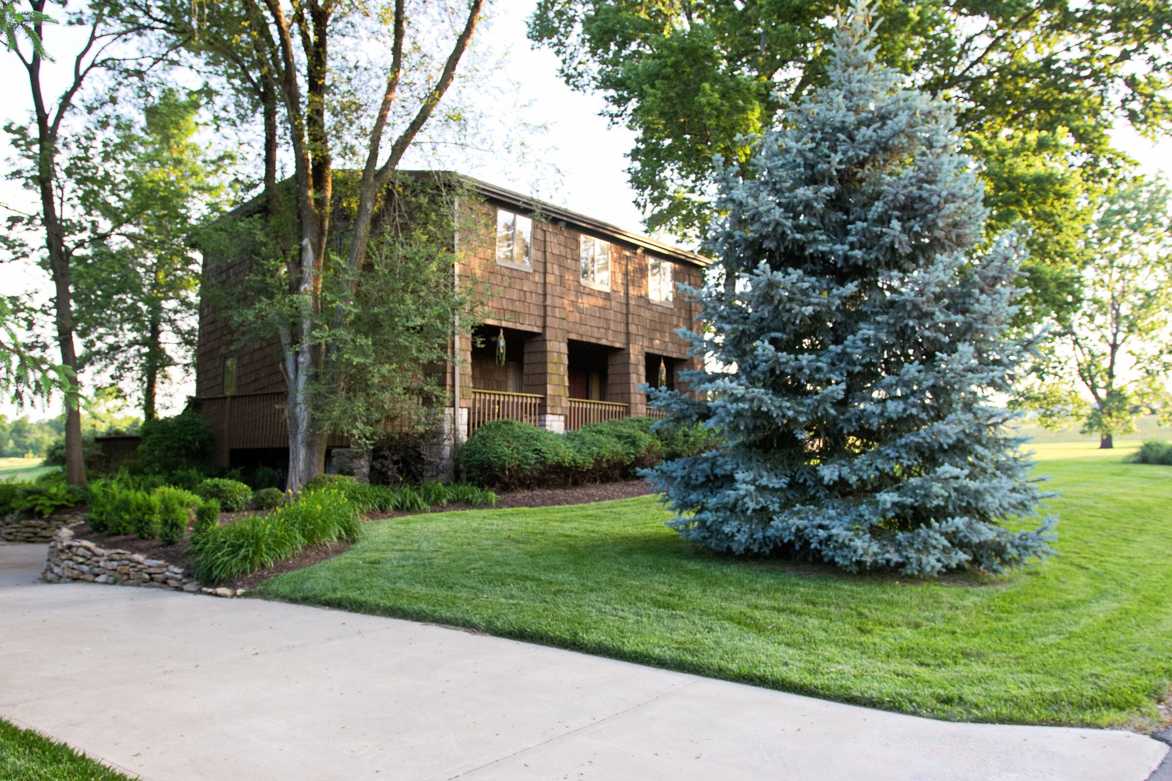 A rustic brown house surrounded by lush greenery, large trees, a manicured lawn, and a prominent blue spruce tree in front.