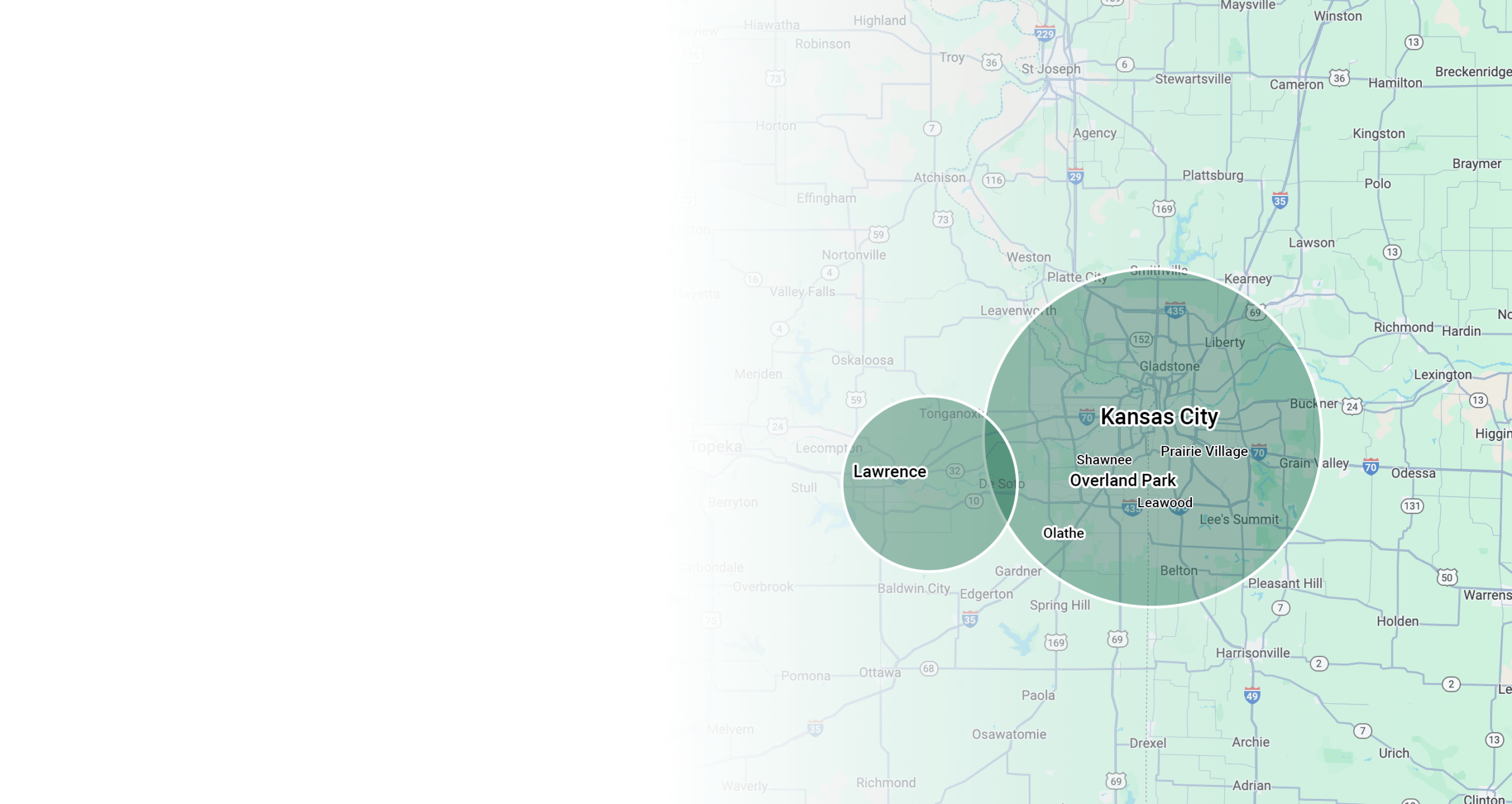 Map illustration highlighting Kansas City, Overland Park, and Lawrence with overlapping circles, showing surrounding areas and highways for geographical context.
