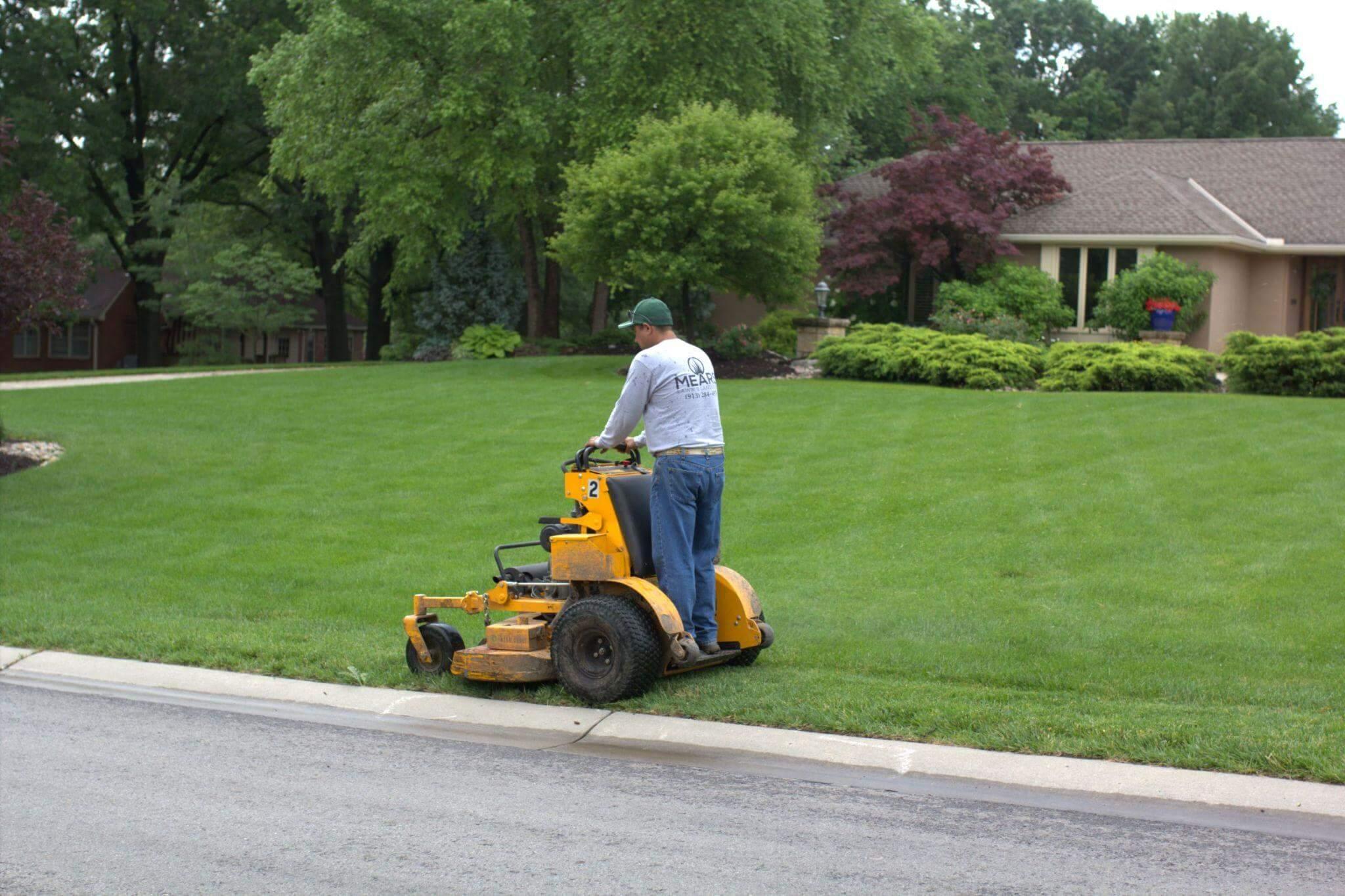 Mears lawn care professional mowing a lush green residential front yard with a commercial stand-on mower.