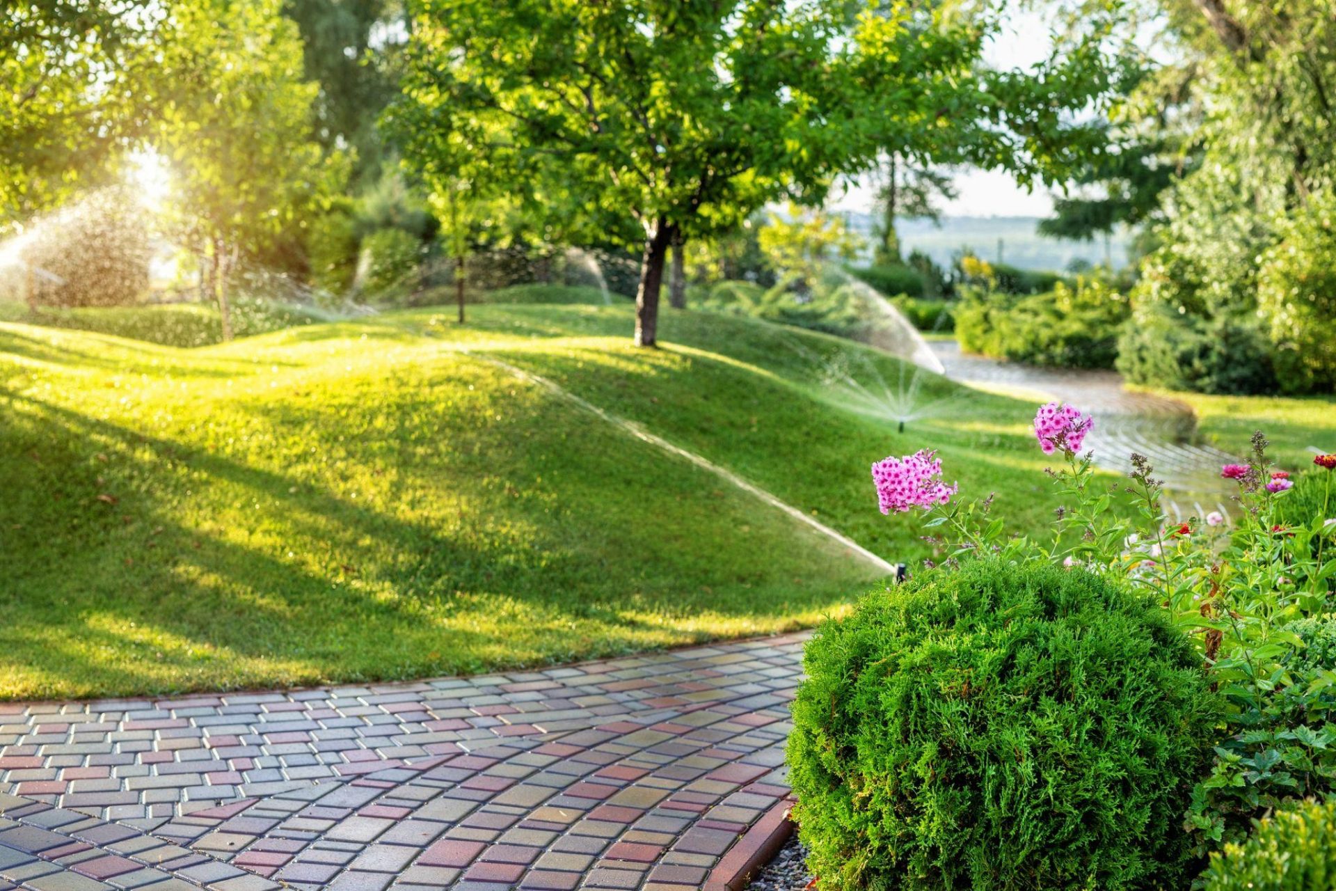 Sloped lawn with active irrigation system spraying across landscaped garden beds and paved walkway
